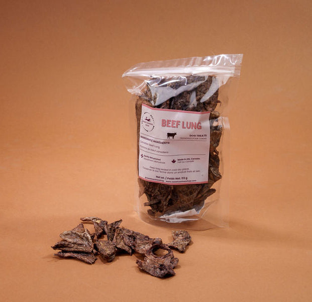 Package of beef lung treats with a label on an orange background