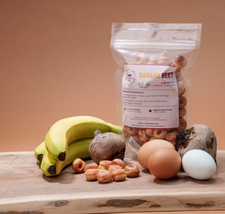 Bananas, eggs, beets and donut shaped dog treats on a cutting board