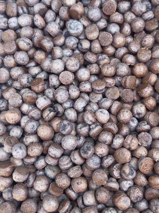 A close-up, top-down view of numerous small, round, dusty brown and gray pellets or beads densely packed together.