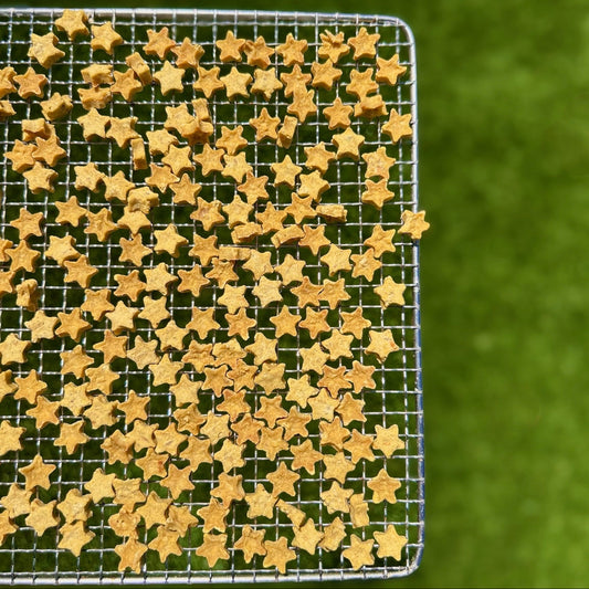 Star-shaped baked cookies spread across a square metal wire cooling rack, set against a soft-focus green grassy background.